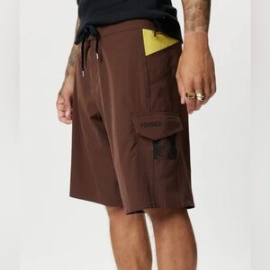 FORMER Tracer 20" Trunks Boardshorts Taupe Brown Yellow Accents 34